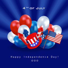 Greeting web banner Independence Day of America. Square deep blue background with balloons, hat, flag and firework rockets. Vector
