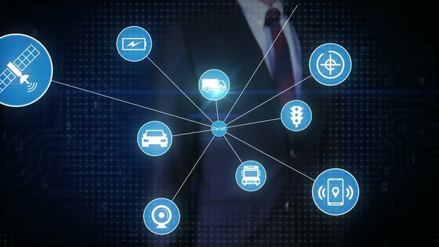 Businessman touching screen, Car internet of things technology icon connect global world map, dots makes world map. internet of things.