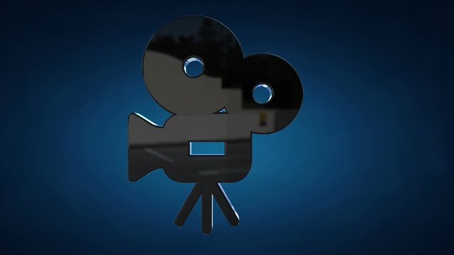 Movie camera logo rotate. Symbol for cinema, technology logotype. Available in HD video 3d render footage. Alpha matte channel included.