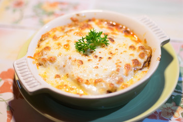 baked lasagna with mozzarella cheese