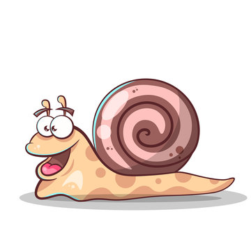 Cute, happy cartoon snail isolated on white background