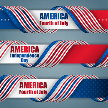 Set of web banners with texts and American flag for Fourth of July American Independence day, celebration; Vector illustration