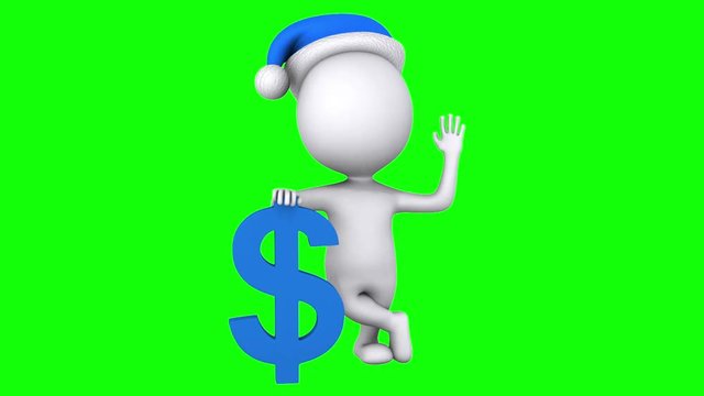 3d white man santa claus stand with blue dollar sign. Wave hello. Render christmas footage. Money concept.