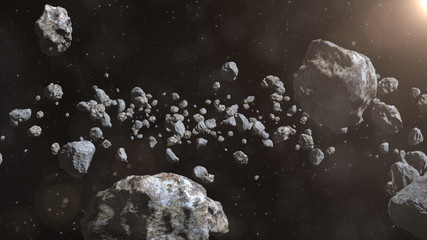 Closeup on meteor lumps in space. Dark background. Suitable for any fantasy, astronomy or space realted purposes. 3d illustration