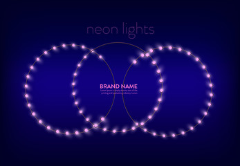 Vector illustration of a purple background with three circles of pink neon lights. Banner, poster for advertising holiday discounts and sales