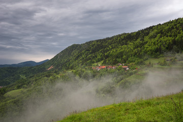 Mountain landscape shortly after spring rain. Slovenian Alps. Forest Road, venerable tree, fog, clouds and peaks. The village of Jamnik Slovenia.