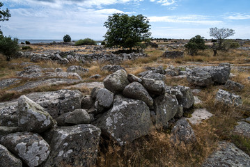 The old fence with stacked stones in a long row, where in ancient times cows, horses and sheep walked around and grazed