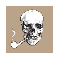 Hand drawn human skull smoking lacquered wooden pipe, black and white sketch style vector illustration isolated on brown background. Realistic hand drawing of skull with smoking pipe