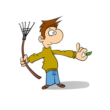 Cartoon Janitor sweeping the fallen leaves illustration