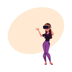 Young woman, girl wearing virtual reality headset, simulator, cartoon vector illustration with space for text. Happy young woman, girl wearing virtual reality simulator, headset, device