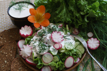 Obraz na płótnie Canvas Salad of fresh vegetables and greens, dressed with sour cream.