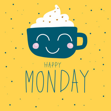 Happy Monday Cute Coffee Cup On Polka Dot Background Vector Illustration