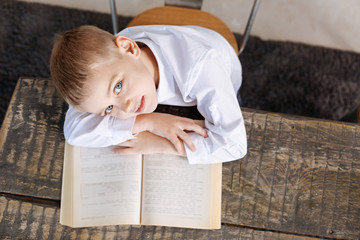 Fototapeta na wymiar Cute productive boy being a diligent reader