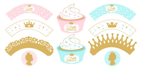 Set of cupcake wrappers  for party. Little girl and boy. Princess and Prince.  Gender reveal party. Print and cut