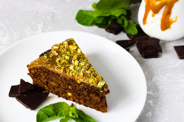 Chocolate cake with pistachios and salted caramel