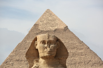 The Sphinx at Giza and ancient Egyptian pyramid in Giza, Cairo 