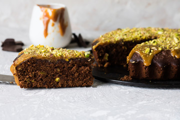 Chocolate cake with pistachios and salted caramel