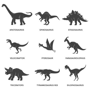 Dinosaur black silhouette set with names