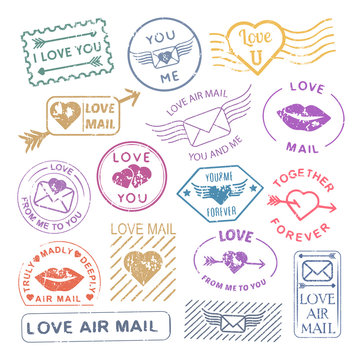 Romantic letter mail stamp set