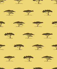 Vector seamless pattern of acacia tree silhouette. African tree acacia background