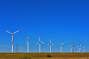 Line of windmills on the field