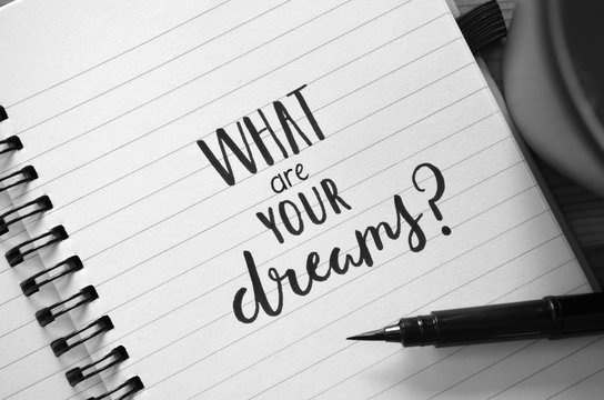 WHAT ARE YOUR DREAMS? hand lettered in notebook