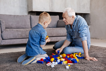 Charming curious boy showing something to his grandpa