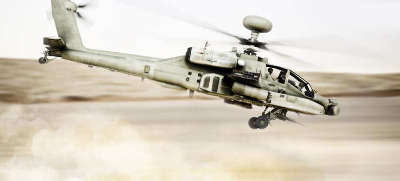 Attack Apache longbow helicopter gunship flying fast and low with dust debris in its wake. 3d rendering