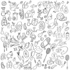 Hand drawn sport equipment and food doodles healthy lifestyle and proper nutrition