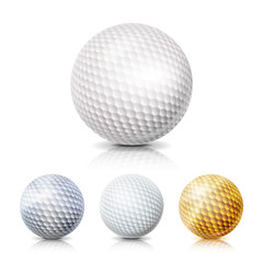 Golf Ball Set. 3D Realistic Vector Illustration. White, Gold, Gray. Isolated On White Background.