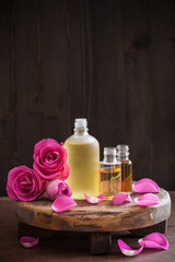 Essential oil and rose flowers aromatherapy spa perfumery