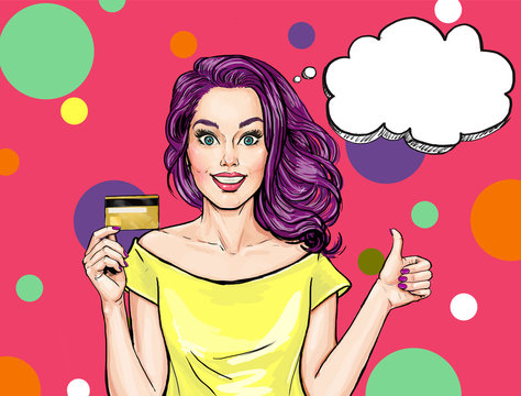 Smiling girl with bank card. Pop Art girl.Woman with bank card.