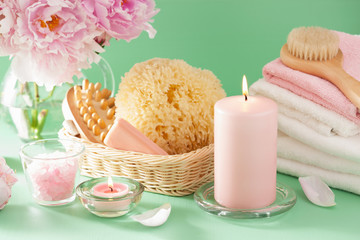 bath and spa with peony flowers brush sponge towels