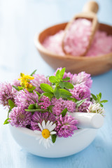Fototapeta na wymiar colorful medical flowers and herbs in mortar and pink salt
