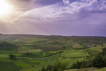 Obraz premium Green Grass Field Landscape with fantastic clouds in the background