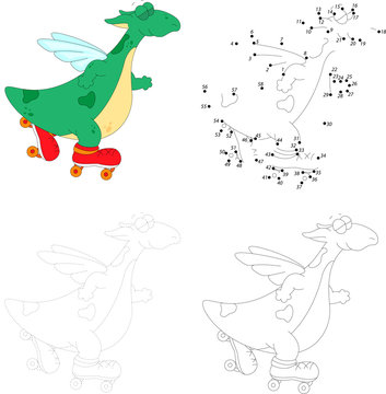 A Happy Roller Skating Green Dragon. Dot To Dot Game For Kids