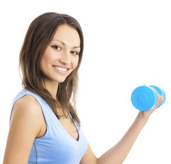 Young woman exercising with dumbbell, isolated