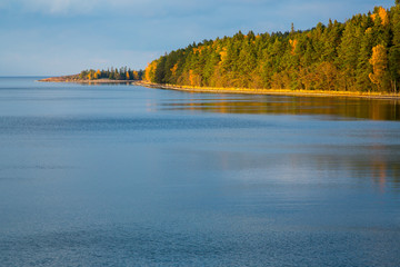 Scandinavian autumn colours - yellow leaves and blue sea 1