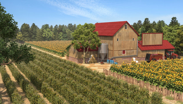 3D rendering image of a farm and farmlands