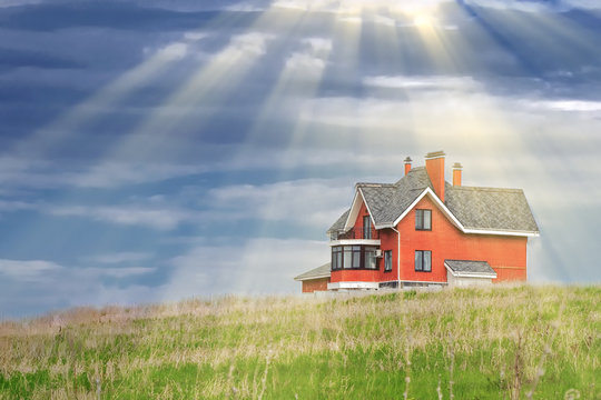 house on a background of blue sky with clouds