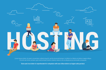 Hosting concept vector illustration of young people using laptops for internet and working in web. Flat design for webhost servers and data storage with young users and developers