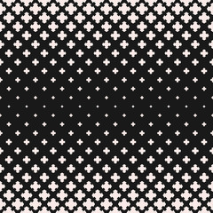 Vector halftone texture, monochrome seamless pattern, gradient transition effect. Geometric background with falling floral shapes, carved crosses. Dark abstract design element for prints, decor, cloth