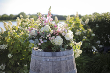 Pink, White, and Green Wedding Ceremony Flower Arrangement Decor