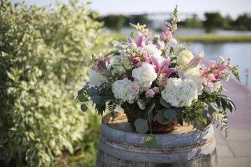 Pink, White, and Green Wedding Ceremony Flower Arrangement Decor