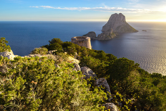 Savinar Tower and Es Vedra island, Ibiza, Spain