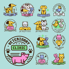 Fototapeta premium Pet badge vector graphic sticker set domestic insignia cat dog veterinary animal sticker illustration
