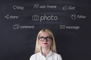 Businesswoman social media icons on the blackboard