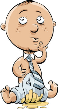 A cartoon business man dressed as a baby who is sitting in a wet diaper overflowing with pee.