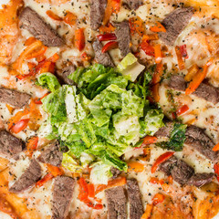 Delicious pizza with beef and salad