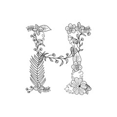 Tropical floral summer pattern hand drawn ornamental font with palm beach leaves, flower. Letter H